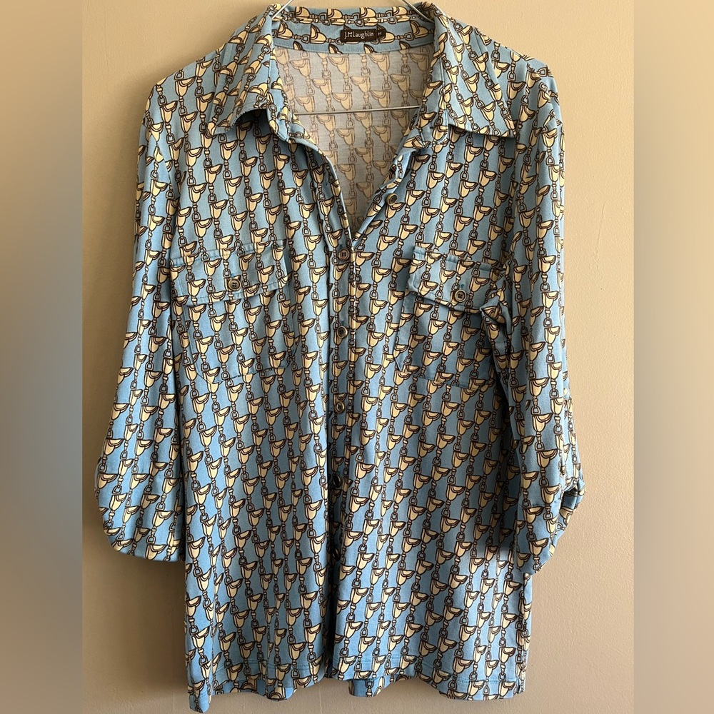 PreLoved J McLaughlin Saddle Polyester Top button 3/4 Sleeve Brass Buttons Med
